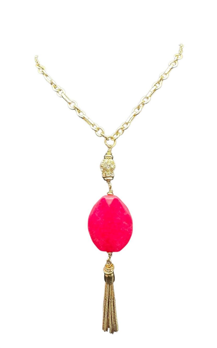 LILLY PULITZER GYPSET MEDALLION GOLD METALLIC LONG TASSEL NECKLACE FLAMINGO PINK
